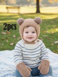 2pcs/Set Khaki Double Pom-Pom Hat And Mittens Knitted Winter Set For Toddlers - 2pcs - View 8