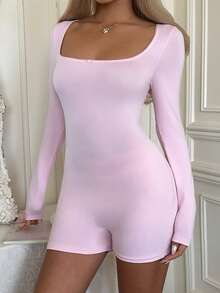 Vaiaye 女士方领纯色极简连体裤 - 修身长袖短款连体裤，适合健身、性感百搭的户外运动、情人节、春夏长袖针织连体裤，粉色优雅款 - 粉色 - 查看 5