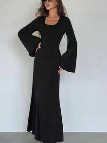 Women Casual Round Neck Bodycon Long Flare Sleeves Back Tie Elegant Daily Street Fall Winter Long Dress - Black - View 5