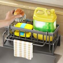 1pc Dish Cloth & Sponge Holder, Multifunctional Storage Rack With Drip Tray, Black Kitchen Sink Caddy Organizer, Rust-Resistant Drainage Stand, For Sponges, Brushes, Soap Dispenser, Home Organizers And Storage - Multicolor - View 4