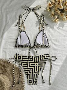 Casual Sexy Women's Halter Bikini Set With Geometrical Pattern High Stretch Fabric And Tie Back Detail - Multicolor - View 4