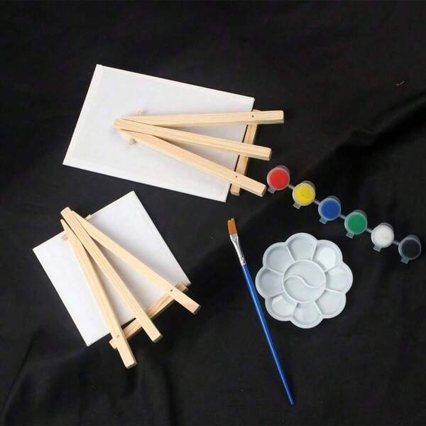 5-Piece Mini Art Painting Set - Stretched Canvas With Wooden Easel & 6-Color Acrylic Paint Kit - Complete Starter Pack For Acrylic Pouring, Oil Painting & Wet Art Media - DIY Miniature House Decor - Fall Creative Essential, Holiday Gift Idea, Beginner Artist Kit, Instagrammable Craft Project