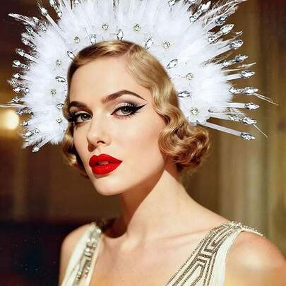 ROARING GOOD TIME Tocado de plumas blancas, accesorios de carnaval de los años 20, tocado Mardi Grasl para mujer, suministros para disfraces de flapper (blanco)