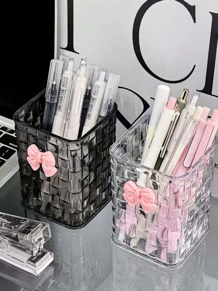 1pc/2pcs Transparent Bow Pen Holder, Student Desk Pen Holder, Desktop Storage Box With High-End Feel, Mini Desktop Trash Can, Suitable For Student Desk Organization, Stationery, Cosmetics Storage, Cute And Stylish Stationery Box, Organizer, Gift For Family, Friends, Coworkers, School Supplies, Pencil Case, Storage Items,Bag - Multicolor - View 1