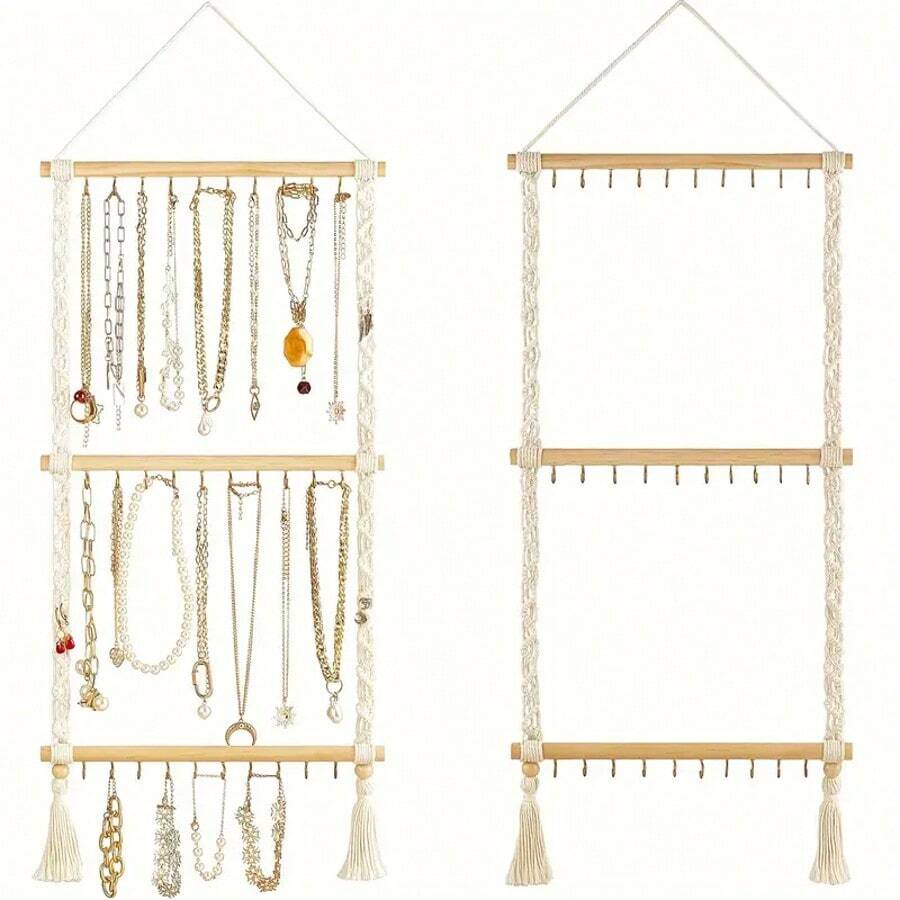 Wall-Mounted Jewelry Organizer - 30-Hook Beaded Hanging Basket With Fringe Design, Ideal For Necklace, Bracelet, Earring, Headband, And Bow Storage, Door-Hanging Jewelry Rack - 米色 - 查看 1