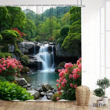 1pc Japanese Garden Waterfall Azalea Pond Shower Curtain Tranquil Flowing Water Rich Leaves 70.8x 70.8inch With - Nhiều màu - Xem 5