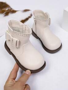 1 Pair Girls Bowknot Comfortable Round Toe Sweet Fashion Princess Style Flat Ankle Boots Fashion Boots Suitable For Autumn/Winter - Beige - View 3