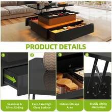 Yitahome Lift Top Coffee Table, High Glossy With LED Strip, Modern Wooden Rectangle Tea Table With 2 Drawers, Black -By GeoTower - Black - View 7
