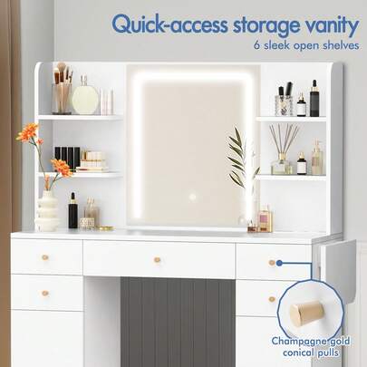 ALFORDSON Dressing Table With Mirror, LED Lights, Socket, Vanity Table With 5 Drawers, 2 Cabinets And 6 Shelves, Vanity Table For The Bedroom Dressing Room, White