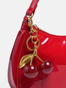 1件亮面漆皮红色圣诞装饰品，趣味挂饰，樱桃吊坠，女士简约单肩包，拉链封口，复古风格，腋下包，适合多种场合 - 紅色 - 查看 3