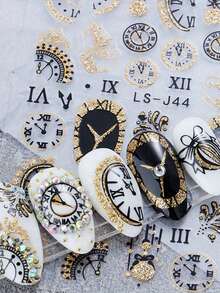 2 Peças de Adesivos de Arte de Unhas com Relógio Dourado - Design de Arte DIY para Carimbar a Quente Relógios, Fogos de Artifício e Taças de Vinho para Inverno, Natal e Ano Novo, Adequado para o Dia a Dia, Casamentos e Feriados das Mulheres. Adesivos de Arte de Unhas Descartáveis com Tema Cartoon e Fofo, Fáceis de Colar, Decoração de Salão de Beleza - Multicolorido - Visão 3