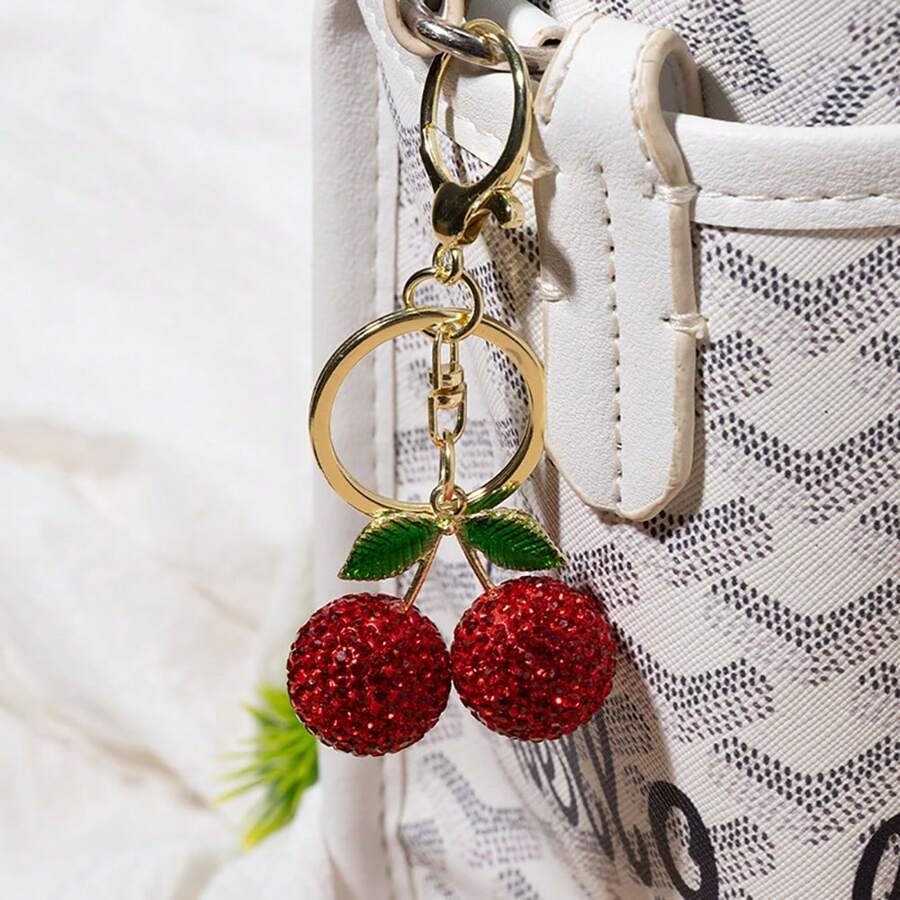 1pc Cute Rhinestone Studded Cherry Keychain, Metal Key Chain Ring Cartoon Gift - Multicolor - View 1