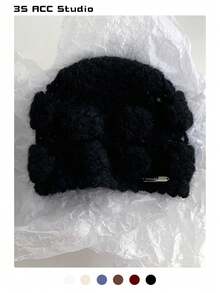 女士花卉头带帽，秋冬新款百搭修脸保暖针织帽，手工钩编花朵甜美复古舒适毛绒拉绒针织帽 - 彩色 - 查看 11