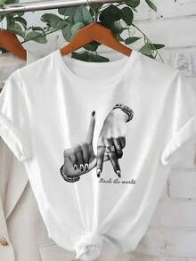 Plus Size Women Casual Gesture Print Short Sleeve T-Shirt - White - View 10