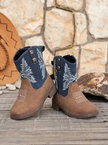 Children's Vintage Casual Embroidered Square Toe Boots, Suitable For All Seasons - Blue - View 2