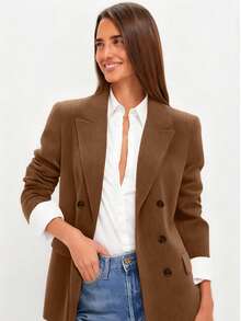 Chaqueta con solapa para mujer, elegante blazer de pana para oficina, otoño - Marrón - Ver 3