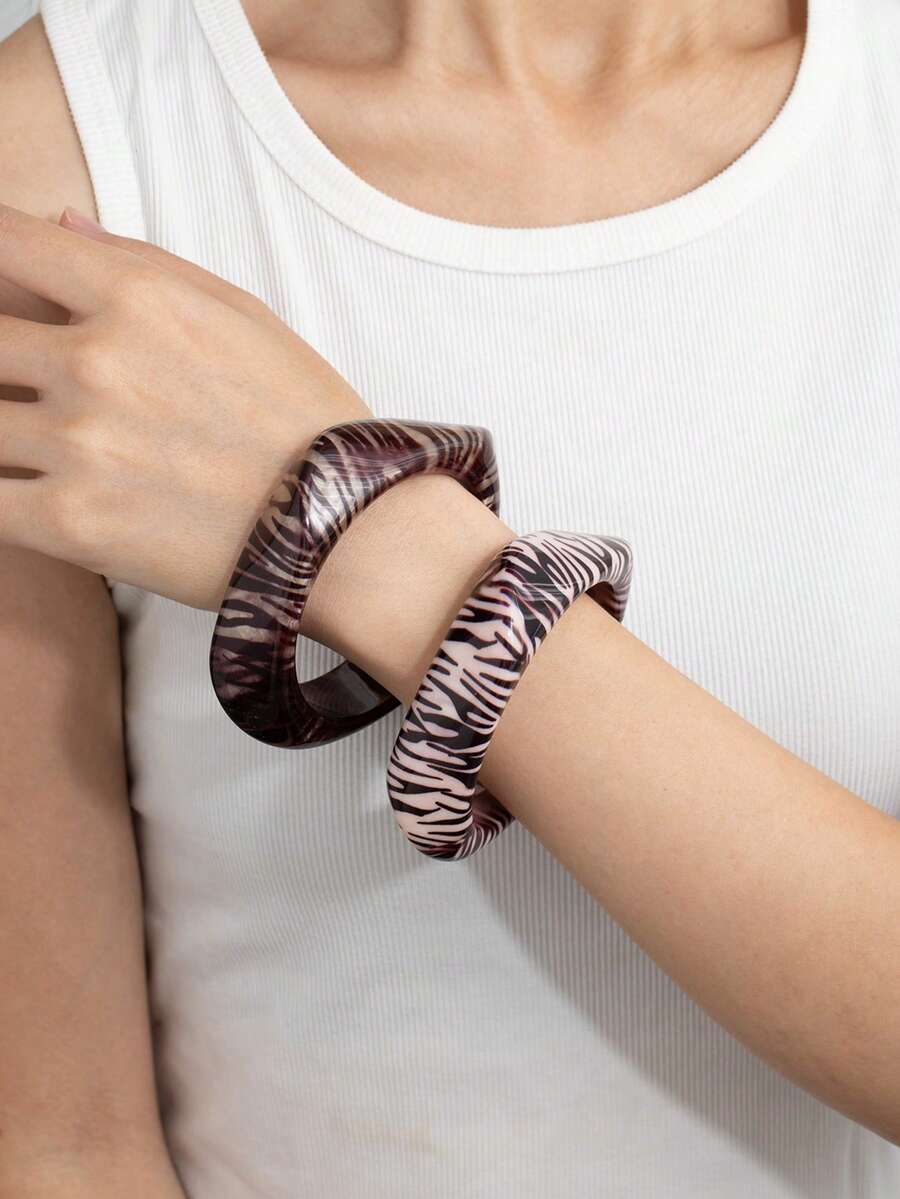 1件装女士复古不对称几何斑马纹亚克力手镯，适合女性时尚街头派对节日约会配饰，日常装饰礼品 - 彩色 - 查看 1