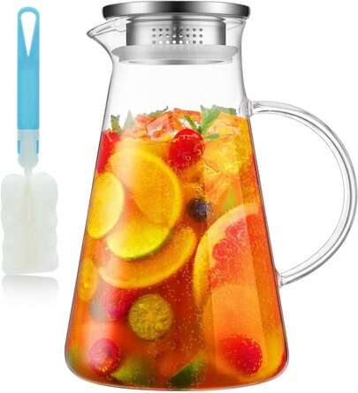 Jarra de Vidrio con Tapa de 2L, Jarra de Agua Caliente y Fría de Acero Inoxidable y Asa, Jarra de Cristal Modernas para Té, Café, Limonada, Leche, Jugos y Bebidas, con 1 Cepillo de Mango Largo