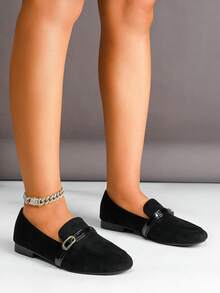 Women's Fashion Metal Buckle Round Toe Low Heel Flats - Black - View 4