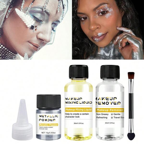 Kit de Pintura Facial e Corporal com Pó Glitter Metálico Prateado, com Líquido de Mistura e Demaquilante, Kit de Maquiagem para Halloween para Efeitos Especiais, Palco, Cosplay, Artesanato