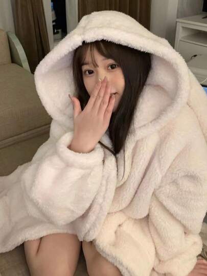 Thick Warm Rabbit Ears Pajama] New High-End Thick Warm Women's Winter Rabbit Ears Hooded Coral Fleece Pajama - Polyester 100% Solid Color Knit Fabric Dressing Gown With Button Detail, Suitable For Fall/Winter