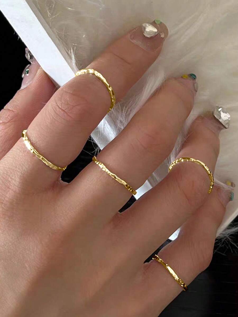 1 pieza Anillo abierto minimalista asimétrico con textura de plata de ley 925, joya ajustable como regalo para mujeres - Dorado - Ver 1