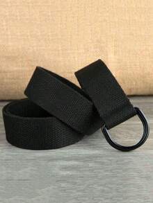 男女通用双环帆布腰带，黑色D形环皮革腰带，带半圆形环和加长帆布袋 - 黑色 - 查看 3