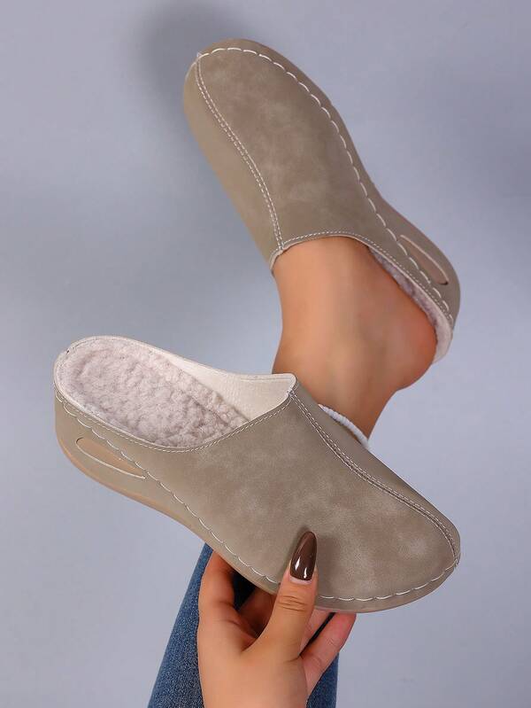 2025 Solid Color New Chinese Style PU Leather Flat Winter Shoes, Comfortable & Warm For Office & Home, Autumn/Winter