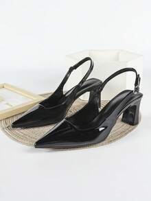 女士黑色高跟鞋，粗跟鞋，正式礼服鞋，尖头套脚凉鞋，厚底鞋 - 黑色 - 查看 4