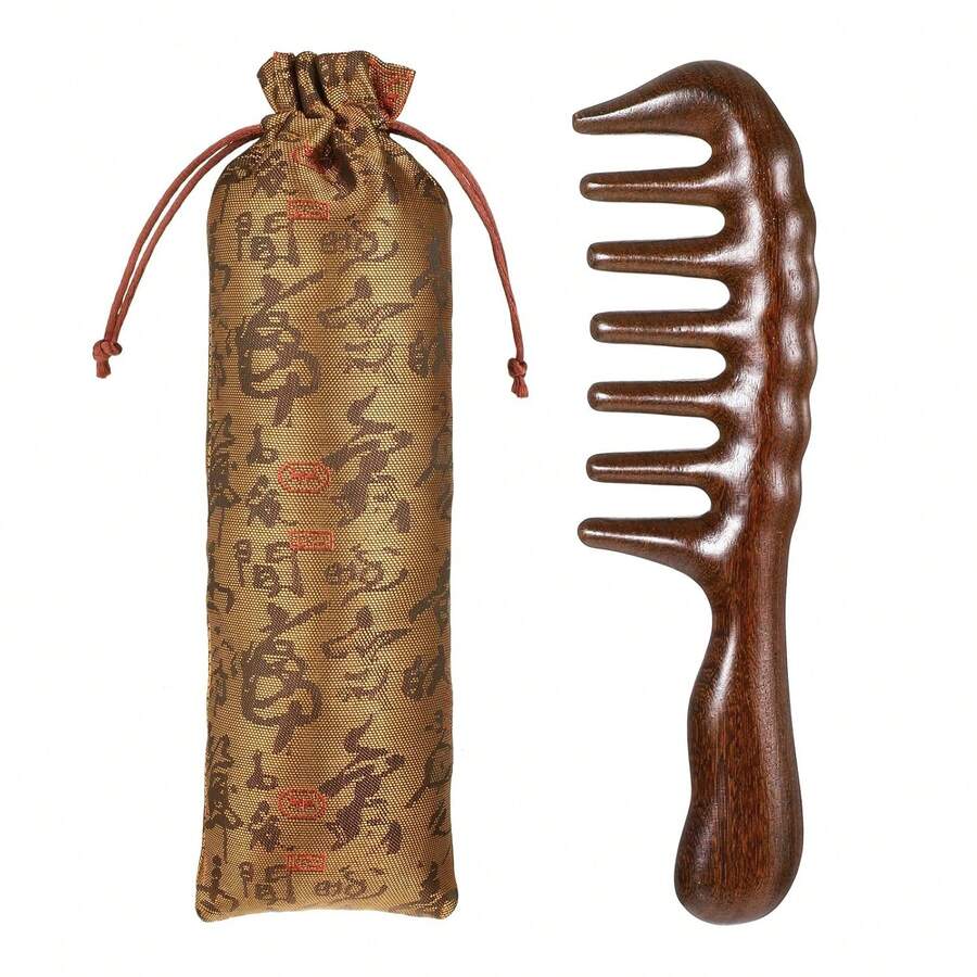 Sandalwood Wide Tooth Hair Comb, Thicken Wooden Wide Tooth Combs For Curls Large Natural Sandalwood Wood Comb With Storage Bag Wooden Hair Combs For Head Scalp Massage For Women Men-FUNALING - 1 - 查看 1