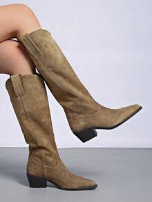Fall/Winter New High Heel Pointed Toe Tall Boots, Women's Deep Brown Wide Shaft Riding Boots, Tall Straight Shaft Vintage Style,Cowboy Boots - Khaki - View 2