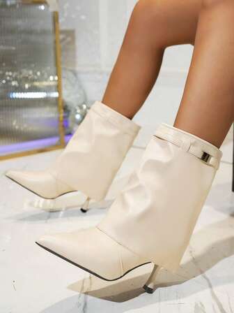 Women's Winter Ankle Boots, Brown Boots, Beige Boots, Fold-Over Boots, Autumn Boots, Fashionable Buckle Design Short Boots, Pointed Toe Stiletto High Heel Boots, High Heel Boots, Elegant Women's Boots, Slip-On Casual Boots