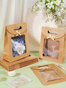 5pcs Bowknot Transparent Window Gift Bags, Extra Small/Small/Medium/Large Size, Brown Color, Suitable For Birthday Party, Christmas, Mystery Box