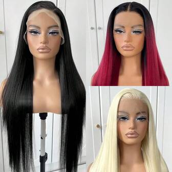 360 Grad Gerade Spitzenfront Perücke Glueless lange gerade Haare Spitzenfront Perücke Vorgerupft Synthetische HD Spitzenfront Perücke 28-32 Zoll Natürlich Schwarz, 613, 1B99J