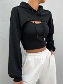 Sudadera corta para mujer, chaqueta deportiva con capucha y cordón, adecuada para combinar con sujetadores deportivos, ideal para actividades al aire libre, correr, yoga, tenis, bádminton - Negro - Ver 3