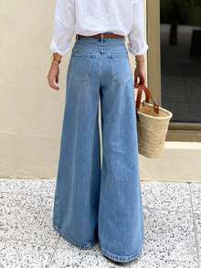 女式休闲优雅阔腿牛仔裤，长款水洗，带口袋和纽扣细节，中等弹力，波西米亚风格裤子