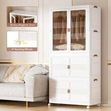 Multi-Functional Folding Storage Cabinet, Clothing Storage Box, Portable Wardrobe, Foldable Cabinet With Wheels And Double Doors, Suitable For Living Room, Bedroom, Walk-In Closet, And Apartments, No-Assembly Storage Rack, Organizes Clothes And Toys, Plastic Folding Storage Cabinet, Comes With 10 Hangers - 白色 - 查看 4