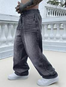 直筒棉质洗水牛仔裤，百搭宽腿洗水牛仔裤，宽松情侣款 - 火焰紅 - 查看 4