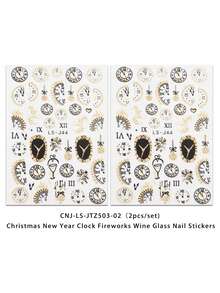 2 Peças de Adesivos de Arte de Unhas com Relógio Dourado - Design de Arte DIY para Carimbar a Quente Relógios, Fogos de Artifício e Taças de Vinho para Inverno, Natal e Ano Novo, Adequado para o Dia a Dia, Casamentos e Feriados das Mulheres. Adesivos de Arte de Unhas Descartáveis com Tema Cartoon e Fofo, Fáceis de Colar, Decoração de Salão de Beleza - Multicolorido - Visão 5