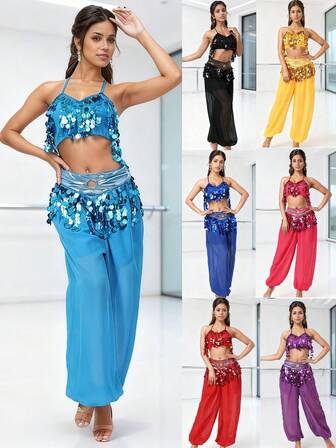 Sequined Belly Dance Performance Set For Adults, Women's Camisole Top With Exposed Belly Button And Sequined Wide-Leg Pants, Dance Training And Performance Costumes