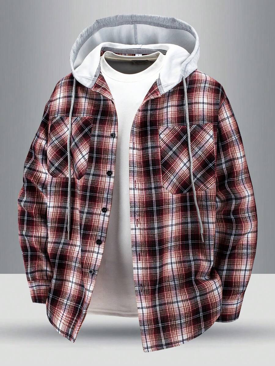 男士时尚宽松胸袋可调节抽绳连帽格子衬衫外套，适合春秋季穿着 - 紅色 - 查看 1