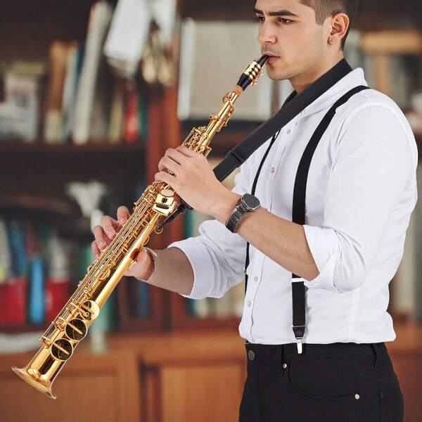 KFFKFF Straight Soprano Saxophone, B Flat, Brass Instrument Starter Set With Case, Mouthpiece, Cleaning Cloth, Gloves, Neck Strap, 23-Key Sax Kit, Ideal For Beginner Students, Gold