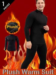 1 pieza Ropa interior térmica para hombre, forrada de térmico, gruesa, unicolor de cuello redondo de manga larga, adecuada para clima frío, actividades al aire libre, esquí, invierno - Negro - Ver 3