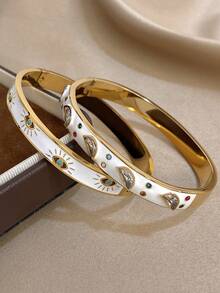 Ensemble de bracelets manchettes en acier inoxydable plaqué or 18 carats avec émail et œil du mal. Bijoux vintage de luxe, élégants et bohèmes. Cadeau pour maman, Noël, Thanksgiving, Halloween, mariage, rave/bal de promo/fête, anniversaire, demoiselle d'honneur, Saint-Valentin, accessoires quotidiens - Multicolore - Voir 3