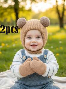 2pcs/Set Khaki Double Pom-Pom Hat And Mittens Knitted Winter Set For Toddlers - 2pcs - View 6