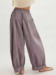 Women's Casual Cotton Linen Baggy Pants With Drawstring Elastic Waist Relax Fit Lantern Trouser With Pockets Daily Streetwear - 紫色 - 查看 2