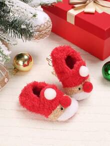 舒适毛绒圣诞主题婴儿拖鞋，冬季软底婴儿鞋 - 紅色 - 查看 4