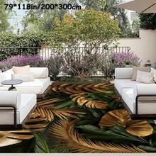 1 Piece Tropical Green Leaf Area Rug With Gold Diamond Texture, 800g/M², Seat, Machine Washable, Easy To Install - Suitable For Living Room, Bedroom, Dining Table, Etc., Living Room Carpet - Multicolor - View 6
