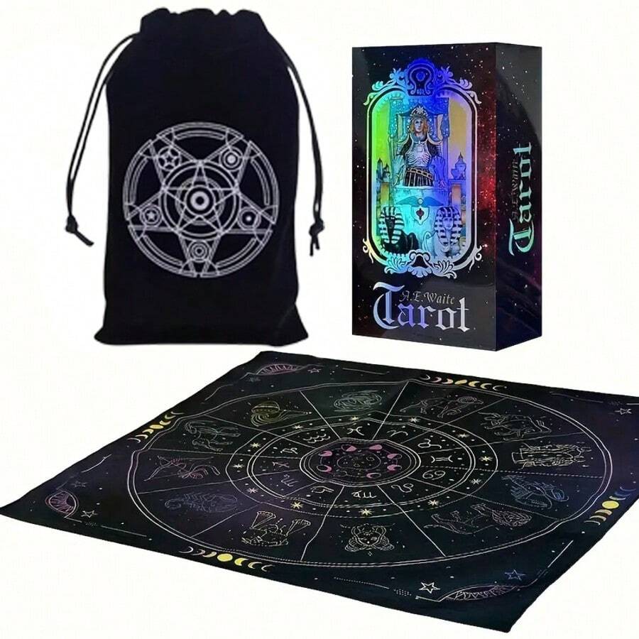 3张塔罗牌套装 - 黑色天鹅绒袋，莱德-韦特塔罗牌，经典78张塔罗牌套装，含指南书、星座游戏垫、便携式卡夹、全息卡牌占卜玩具，适合初学者和专家（3套），游戏礼品，卡牌游戏派对桌游，情侣和朋友互动小游戏，派对用品 - 黑色 - 查看 1