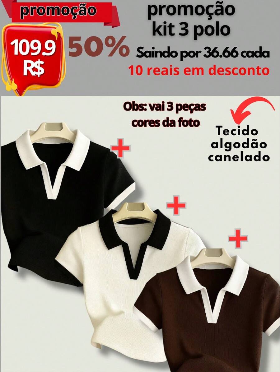 Women's Polo Work T-Shirt, Short Sleeve, Cotton - Kit bicolor 3 1 negro 1 blanco 1 marrón - Ver 1